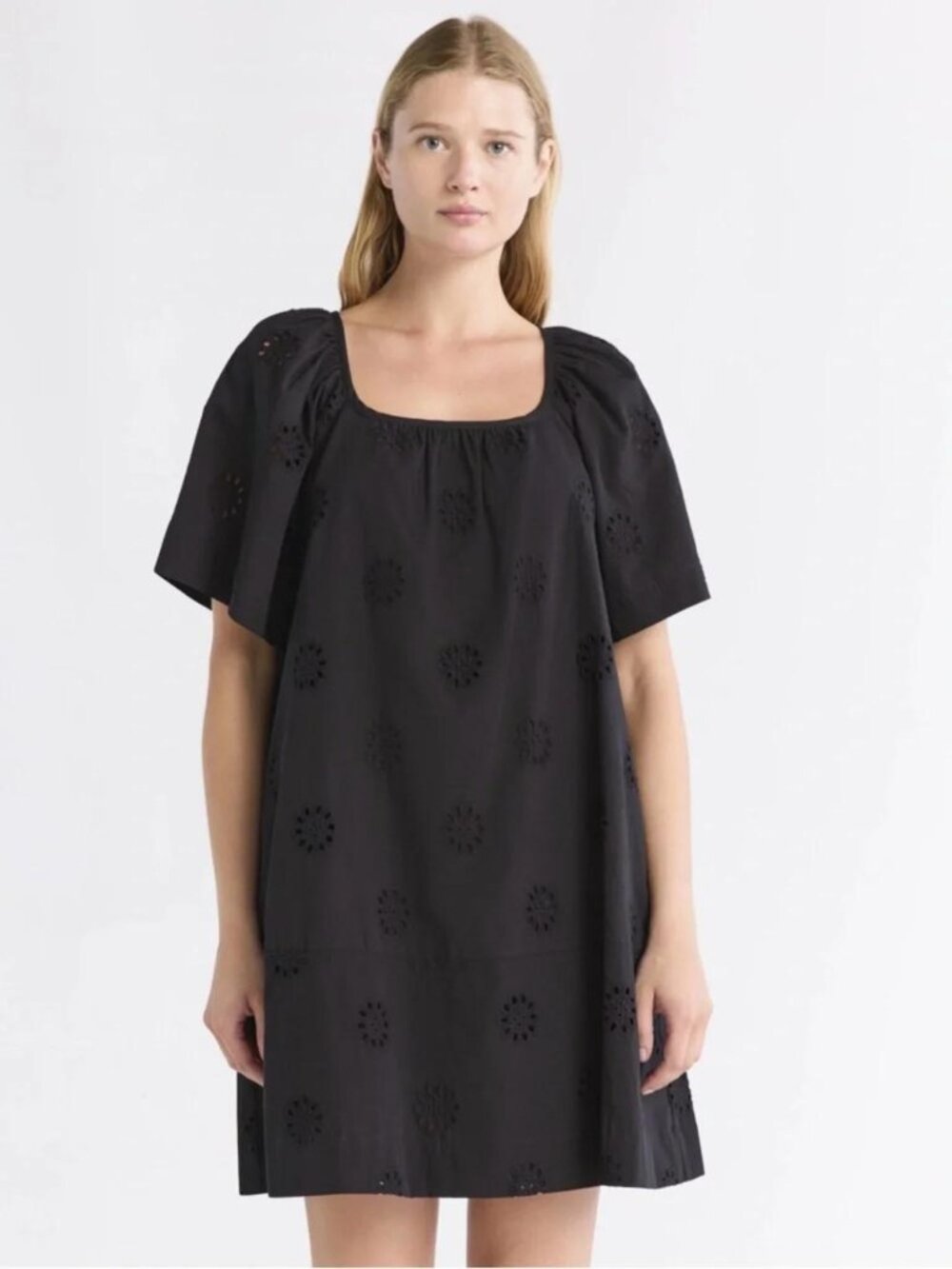 NWT Free Assembly cotton black Eyelet Mini Dress Short Sleeve Lined XL